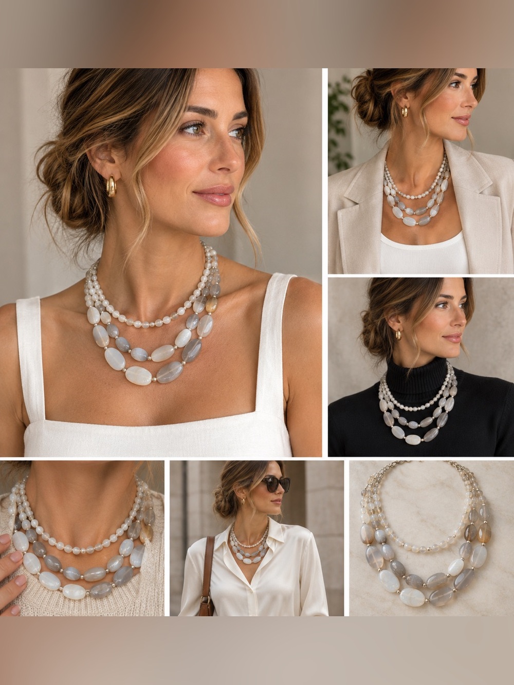 White House Black Market Gray Onyx Stone Multi-Strand Necklace